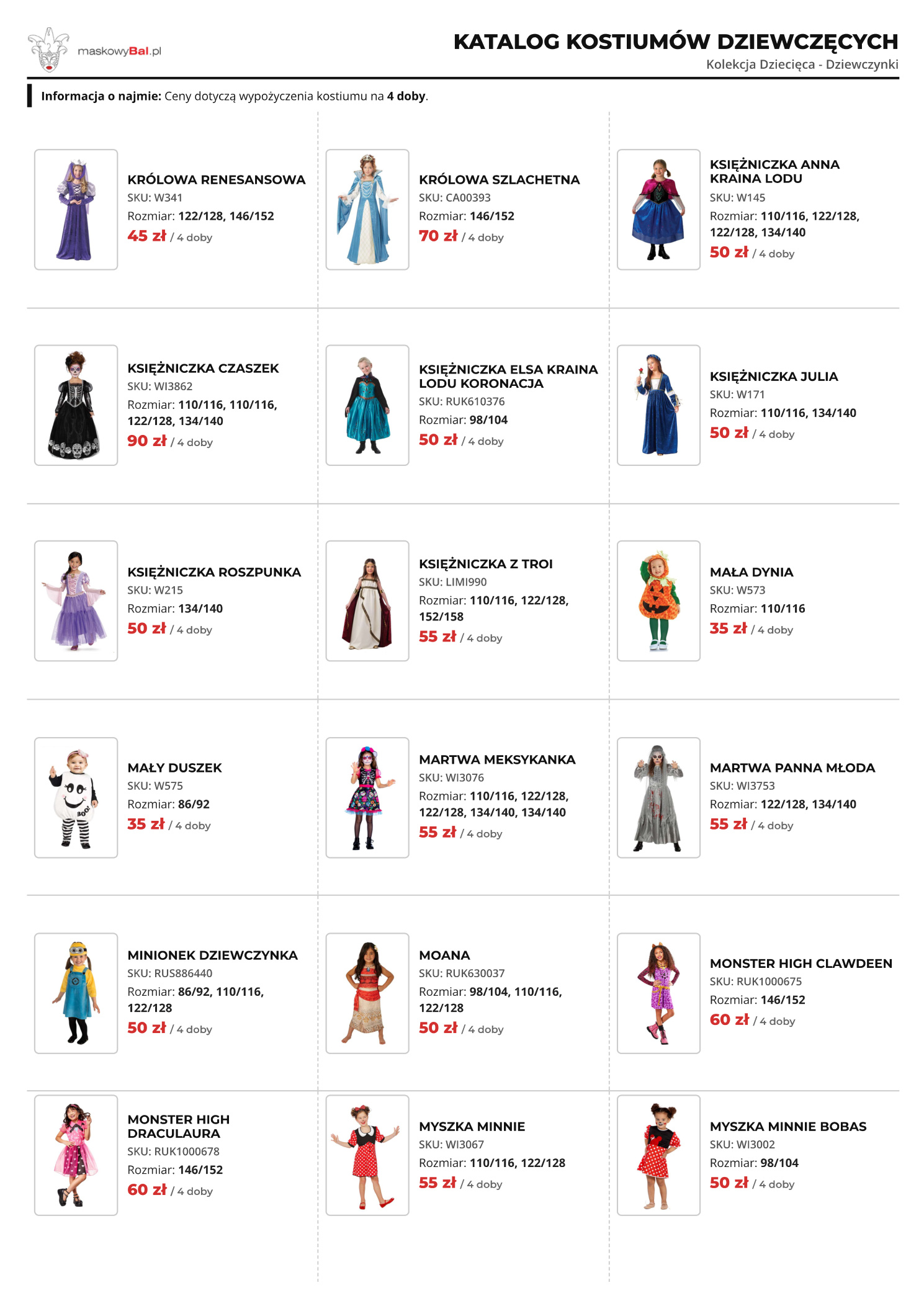 Katalog dziewczynek wypożyczalni strojów Maskowy Bal